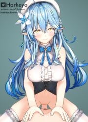 1boy 1girls 3d blender blue_hair blush breasts clothed_sex clothes_lift cowgirl_position elf elf_ears elf_female harkeyo hololive hololive_gen_5 hololive_japan huge_breasts looking_at_viewer pov sex thick_thighs thighs vaginal_penetration virtual_youtuber yellow_eyes yukihana_lamy