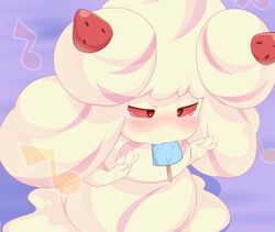 ahe_gao alcremie ambiguous_gender anthro ariel_lopez arilopez550 fairy food half-closed_eyes heart heart-shaped_pupils ice_cream mouth_hold musical_note nintendo pokemon pokemon_ss shortstack tears