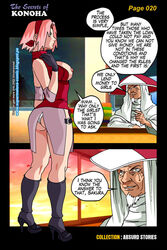 1boy 1girls ass beard boots breasts breasts_out comic elbow_pads female gloves green_eyes headband headdress heels high_heels long_boots male naruto naruto_shippuden nipples old_man open_shirt panties pink_hair revealing_clothes sakura_haruno sarutobi_hiruzen text white_hair white_panties