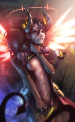 athletic_female biting_lip black_hair breasts devil_mercy fangs grabbing_from_behind human krakenkatz mercy overwatch petite pharah pussy strangling tagme throat_grab undressing wings yuri zipper