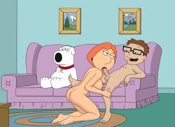 1girls 2boys american_dad animal annoyed ass barefoot blowjob brian_griffin brown_hair collar couch crossover cuckold dog family_guy fellatio female fluids glasses large_breast living_room lois_griffin looking_at_another looking_away male milf naked nipple on_knees open_mouth oral orange_hair penetration pleasure_face red_lipstick saliva saliva_on_penis sfan short_hair sideboob steve_smith sucking white_fur