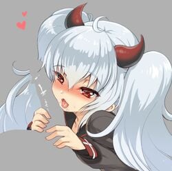 blush dark_persona female grim_aloe hanao_(kuma-tan_flash!) horns open_mouth penis penis_on_face quiz_magic_academy tongue tongue_out twintails upper_body white_hair