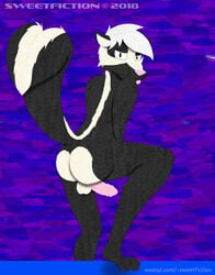 2018 absurd_res anthro anus ass backsack balls black_fur blep byron_skunk crouching cute erection feet foreskin fur fuzzy_balls hair hi_res humanoid_penis looking_at_viewer male male_only mammal mephitid multicolored_fur nude penis presenting presenting_hindquarters purple_background raised_tail simple_background skunk solo sweetfiction teasing toes tongue tongue_out two_tone_fur uncut voyeur white_fur white_hair