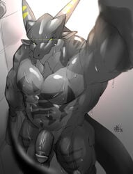 abs anthro biceps dragon flaccid glowing glowing_eyes high-angle_view horn invalid_tag long_tail looking_at_viewer male male_only monochrome muscular muscular_male nude pecs penis selfie shower solo standing vein vorusuarts vorusuarts_(character) wet