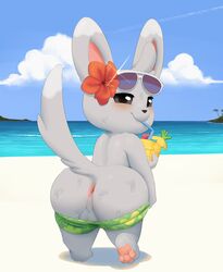 1boy anus ass backsack balls beach beverage big_ass big_ears blush bubble_butt clothed clothing drink eyewear flower furry generation_5_pokemon grey_fur half-closed_eyes hi_res hindpaw large_ass looking_at_viewer looking_back male male_only manene minccino mooning nintendo pants_down partially_clothed paws plant pokemon pokemon_(species) pokemon_bw presenting presenting_hindquarters rodent seaside shortstack slightly_chubby solo sunglasses sweat swimming_trunks swimsuit tail testicles thick_thighs topless video_games water wet wide_hips year_request