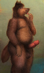 2000 anthro balls bd brown_fur canine colored_pencil_(artwork) cum fur half-closed_eyes humanoid_penis male male_only mammal nude penis slightly_chubby solo standing tasting tongue tongue_out traditional_media_(artwork)