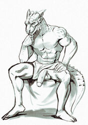 abs anthro argonian balls biceps claws clothing damie_m facial_piercing flaccid horn looking_at_viewer male male_only mostly_nude muscular muscular_male nose_piercing nose_ring pecs penis piercing poking_out retracted_foreskin scalie scar sitting sketch smile solo spreading the_elder_scrolls thinker_pose uncut underwear video_games