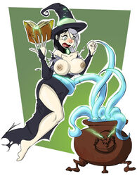 black_lipstick blush breasts breasts_out cauldron clothing exposed_breasts female imminent_rape magic nipples open_mouth restrained restrained_by_tentacles sexualyeti stripped_by_tentacles summoning suspended_via_tentacles tentacle tentacle_around_waist tentacle_summoning tentacles torn_clothes torn_dress witch witch_hat