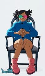 animated asian black_eyes black_skirt blue_jacket bottomless dagnibor eyewear glasses gorillaz human looking_at_viewer miniskirt no_panties noodle_(gorillaz) noodle_(saturnz_barz) outerwear pale_skin panties_removed pink_shoes pussy pussy_juice sitting_down smile spread_legs upskirt vagina wet_pussy white_background