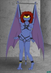 ball_gag bat_wings blue_nipples bondage bound breasts demona disney ear_piercing fab3716 fangs female gag gagged gargoyle gargoyles hair humanoid membranous_wings navel nipples nude piercing pubes pussy red_hair solo wings