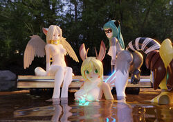 2018 3d angel_wings anthro ashnar ass blonde_hair breasts brown_hair carret feathered_wings feathers female fur furry green_eyes green_hair grey_fur group hair horns jackalope lagomorph looking_back mammal navel nipples nude opal_(ashnar) outside partially_submerged phina_(ashnar) procyonid pussy raccoon rear_view red_eyes sam_(ashnar) sasha_(ashnar) skinny_dipping sphinx wet wings