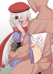 1boy 9a-91_(girls_frontline) bar_censor beret black_legwear blue_eyes blush brown_gloves censored clothed_female_nude_male clothed_sex clothing cowboy_shot cross_section cum cum_in_pussy cum_in_uterus cum_inside dark-skinned_male dress eyebrows_visible_through_hair female girls'_frontline gloves gradient gradient_background grey_background grey_hair hair_between_eyes hair_ornament hat heart highres internal_cumshot long_hair male navel nose_blush nude parted_lips penetration penis puffy_short_sleeves puffy_sleeves purple_dress purple_eyes pussy red_hat red_scarf scarf sex short_sleeves spread_legs star star_hair_ornament straight sumiyao_(amam) sweat sweatdrop thighhighs uterus vaginal_penetration very_long_hair wide_eyed x-ray