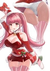 alternate_costume ass bangs bare_shoulders bare_thighs big_ass candy_cane christmas cleavage collarbone fire_emblem fire_emblem:_three_houses fire_emblem_heroes hat hilda_valentine_goneril hilda_valentine_goneril_(winter) large_breasts light_blush long_hair looking_at_viewer nintendo open_mouth open_smile panties pantyshot pink_eyes pink_hair skirt smile thighhighs twintails upskirt white_panties yui_(msy1302mana)