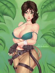 ange1witch big_breasts bra breasts brown_hair cleavage female female_only green_eyes lara_croft lara_croft_(classic) large_breasts looking_at_viewer ponytail solo tomb_raider