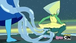 2girls anal anal_penetration back_view barefoot blue_skin blush cartoon_network dress female female_only forehead_jewel gem_(species) green_skin lapis_lazuli_(steven_universe) looking_back moaning multiple_girls on_model open_mouth outdoors peridot_(steven_universe) reunited_(steven_universe) shoes short_hair skirt skirt_lift squatting standing steven_universe tentacle vaginal_penetration yellow_hair yuri zone