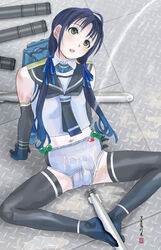 :o arm_support bare_shoulders black_gloves black_neckwear black_sailor_collar blue_hair blue_ribbon butterfly_sitting commentary_request crop_top day elbow_gloves eyelashes female foot_hold gloves gradient_hair green_eyes hair_over_shoulder hair_ribbon head_tilt highres kantai_collection kurorichin leaning_back light_rays long_hair multicolored_hair navel no_shoes open_mouth outdoors raised_eyebrows ribbon sailor_collar shirt sitting sleeveless sleeveless_shirt solo stomach sunbeam sunlight suzukaze_(kantai_collection) thighhighs twintails white_shirt