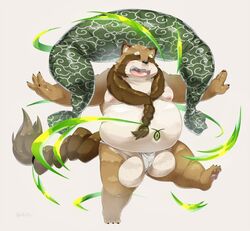 2018 anthro balls belly big_balls blush brown_fur canine closed_eyes clothing fundoshi fur japanese_clothing male male_only mammal moobs navel nikiciy overweight overweight_male simple_background solo tanuki underwear