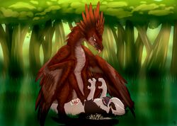 2018 avian beak black_feathers brown_feathers claws cowgirl_position cum day detailed_background domination dragon duo feathered_dragon feathers female femdom feral feral_on_feral forced fricia garruuk grass gryphon hi_res kiihas knot male open_beak open_mouth orange_eyes outside paws penetration sex size_difference smaller_male spread_legs spreading straight tongue tongue_out tree vaginal_penetration white_feathers