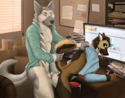 5_fingers anal anal_knotting anal_sex animal_genitalia animal_penis anthro anthro_on_anthro ass bent_over black_nose blue_eyes bottomless canine canine_penis closed_eyes clothed clothing computer dripping duo erection from_behind_position fur furaffinity gay german_shepherd hair holding_tail katarhein knotting looking_back male male_only mammal multicolored_fur partially_clothed penetration penis precum sex standing tongue tongue_out white_fur wolf yaoi