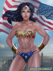 abs amazon armor bare_arms bare_legs bare_shoulders black_hair blue_eyes breasts cleavage curvy dc_comics diana_prince earrings female female_focus highres jewelry judash137 large_breasts leotard lipstick long_hair looking_at_viewer makeup muscle navel shiny shiny_skin smile solo strapless strapless_leotard superheroine thick_thighs thighs tiara toned wonder_woman wonder_woman_(series)