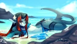 akula_(fenix-fox) anthro ass bathing_suit beach bikini black_hair femboy fenix-fox girly looking_at_viewer male male_only marine partially_submerged red_hair seductive_smile shark solo swimsuit tail trap two_tone_hair water