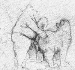 anthro anthro_on_feral ass balls bd belly big_belly big_penis canine clothing erection feral fur hand_on_butt humanoid_penis imminent_sex legwear male mammal mostly_nude nude obese overweight pencil_(artwork) penis slightly_chubby socks traditional_media_(artwork) yaoi zoophilia