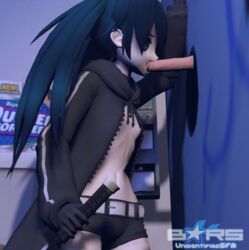 1boy 3d animated black_hair black_rock_shooter black_rock_shooter_(character) blue_eyes breasts fellatio female flat_chest glory_hole long_hair navel oral penis shorts small_breasts text toilet_paper unidentifiedsfm watermark