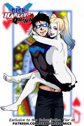 1boy 1girls arms_behind_head ass ass_grab aya_yanagisawa background barefoot batman_(series) black_hair blonde_hair blue_eyes blue_eyeshadow blue_hair breasts clothed clothed_male clothed_male_nude_female cover dc dc_comics dick_grayson domino_mask eyeshadow female harley_quinn looking_at_viewer makeup male mask muscular_male naked nervous nervous_smile nightwing nude nude_female pants_down patreon penis pink_eyeshadow playing_card sexyversecomics smile straight sweat toes twintails watermark white_eyes white_skin