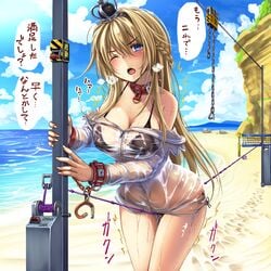 beach bikini black_bikini blonde_hair blue_eyes blue_sky blush bondage bound bound_wrists braid breasts breath cleavage collar crown cuffs dress eyebrows_visible_through_hair female female_orgasm french_braid hair_between_eyes handcuffs highres jewelry kantai_collection long_hair long_sleeves looking_at_viewer mini_crown monikano necklace nipple_bulge ocean off-shoulder_dress off_shoulder one_eye_closed open_mouth orgasm pussy_juice pussy_juice_drip sand see-through side-tie_bikini sky solo swimsuit tearing_up thighs translation_check trembling warspite_(kantai_collection) wet wet_clothes