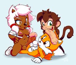 balls breasts furry futa_on_male futanari intersex male monkey neokat nilly_(project_x) nipples penis precum project_x_love_potion_disaster ruby_(project_x) sonic_(series) tails threesome