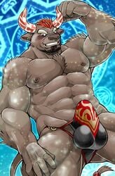 abs anthro bovine bulge clothing erection flexing furry gyumao hair horn kazuhide_ichikawa male male_only mammal muscular muscular_male nipples pecs penis_outline red_hair speedo swimsuit tenting tokyo_afterschool_summoners