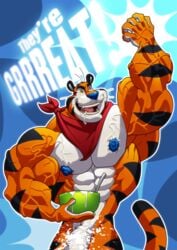 1boy 1male abs bara flaccid frosted_flakes gay hyper hyper_muscles male male_only muscular nipples no_visible_genitalia penis the_fabulous_croissant tony_the_tiger wolfiecanem