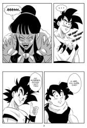 1girls 2boys black_and_white blush chichi comic dragon_ball dragon_ball_super dragon_ball_z funsexydragonball monochrome page_3 sharp_fingernails son_gohan son_gohan_(young) son_goku thumbs_up