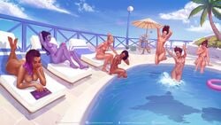 2d 8girls ana_amari asian ass barefoot big_ass blizzard_entertainment blonde_hair breasts brown_hair casual casual_nudity closed_eyes d.va dark-skinned_female dark_skin drink earrings egyptian electronics feet female female_only gilf glasses grey_hair highres human jumping krysdecker large_breasts latina lipstick long_hair lying medium_breasts mei_(overwatch) mercy multiple_girls nail_polish nipples nonsexual_nudity nude nudist on_stomach open_toe_shoes outdoors overwatch pale_skin partially_submerged pharah pool purple_hair purple_skin pussy short_hair sitting smile soles sombra sunbathing sunglasses toes tracer umbrella video_games water white_hair widowmaker