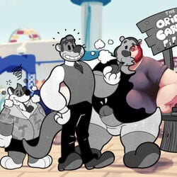 anthro black_and_white_body blazingcheecks blazingcheeks bobo_(blazingcheecks) canine clothed clothing erection facial_hair fox group human_to_anthro humanoid_penis male mammal mouse mustelid old_toon original original_character original_characters otter overweight overweight_male pants penis pipe rodent shirt sideburns smile smoke smoking_pipe toony transformation zipp_(blazingcheecks)