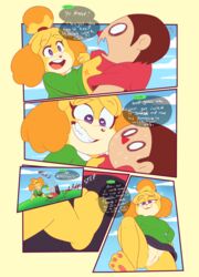 animal_crossing animal_crossing_boy anthro clothed clothing comic duo english_text feet female femdom fur hair heart-shaped_pupils human isabelle_(animal_crossing) male mammal midnight-kinky-kitsune nintendo pussy speech_bubble straight super_smash_bros. sweat text video_games villager_(animal_crossing)