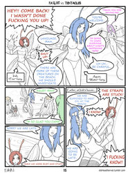 antennae aquei_(fvt) beach blindfold blue_eyes blue_hair bobbydando bondage bound breasts clothed clothing comic english_text facial_markings fairies_vs_tentacles fairy fantasy female fire green_hair group hair humanoid insect_wings irah_(fvt) large_breasts long_hair magic markings monochrome navel nihallaks_(species) nipples nude outside page_15 panties pink_hair seaside short_hair size_difference straps syl_(fvt) tentacle tentacle_monster text topless tumblr_username underwear wings