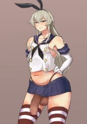 1boy areola_slip areolae balls ballsack bar_censor censored crossdressing elbow_gloves femboy femboy_only foreskin genderswap_(ftm) gloves gurigurisan hair_ribbon hairband hand_on_hip highres huge_cock human intact kantai_collection large_penis long_hair_male male male_only navel partially_retracted_foreskin penis ribbon rule_63 scrotum semi-erect shimakaze-kun shimakaze_(kantai_collection) sidelocks sleeveless striped striped_legwear testicles thighhighs trap uncut veiny_penis white_gloves