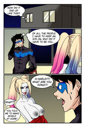 1boy 1girls apartment areolae aya_yanagisawa batman_(series) black_hair black_nipples blonde_hair blue_hair breasts comic dc dc_comics dialogue dick_grayson domino_mask eyes_visible_through_hair female harley_quinn male mask nightwing nipples pink_hair sexyversecomics straight stripping text twintails undressing white_eyes white_skin