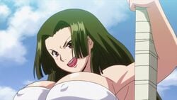 1girls animated bouncing_breasts cleavage curvy erect_nipples female green_hair hoods_entertainment huge_areolae huge_breasts kaneko_hiraku long_hair manyuu_hikenchou mature_female puffy_nipples red_lips screencap thick_lips tight_clothing toyo_(manyuu_hikenchou) voluptuous