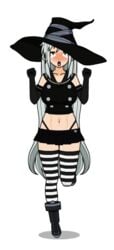 1girls ahe_gao alternate_costume bangs big_breasts cleavage crying crying_with_eyes_open female female_only full_body fully_clothed galeris gloves grey_hair kisekae legwear long_hair lowres open_mouth shirt shoes skirt solo striped_legwear thighhighs transparent_background witch_hat