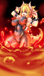 blonde bowsette crown death falling fangs female genderswap horns imminent_death lava leotard looking_down magma mario_(series) melting monster monster_girl new_super_mario_bros._u_deluxe ningyoushi nintendo open_mouth scream screaming super_crown tagme tail transparent_clothing volcanic_setting