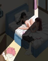 3girls absurdres akemi_homura bed black_hair blush bra breasts caught closed_eyes clothing e50gun female female_only hair_ornament hair_ribbon hairband highres madoka_kaname mahou_shoujo_madoka_magica multiple_girls nipples nude panties pink_bra pink_hair ponytail purple_eyes red_hair ribbon sakura_kyouko sex skirt small_breasts tribadism underwear walked_in_on white_panties window yuri