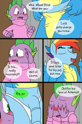 animal_genitalia animal_penis anthro barb_(mlp) blush bodysuit bulge caluriri clothed clothing comic dragon duo english_text equine equine_penis female friendship_is_magic green_eyes horse horsecock looking_back male mammal my_little_pony open_mouth penis pony rainbow_blitz_(mlp) rainbow_dash_(mlp) rule_63 smile smooth_skin spike_(mlp) sweater text tight_clothing underwear undressing