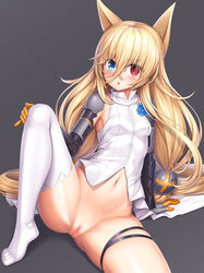 animal_ears arm_support blonde_hair blue_eyes blush bottomless breasts eyebrows_visible_through_hair eyes_visible_through_hair female g41_(girls'_frontline) girls'_frontline grey_background hair_between_eyes heterochromia innie_pussy lambda_(kusowarota) long_hair looking_at_viewer low-tied_long_hair navel pussy red_eyes shirt simple_background single_thighhigh sitting sleeveless small_breasts solo spread_legs thighhighs twintails uncensored very_long_hair white_legwear white_shirt