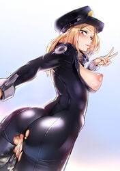 1girls after_sex areolae ass black_bodysuit blonde_hair blush bodysuit breasts breasts_out camie_utsushimi cum cum_in_pussy curvy erect_nipples female female_only from_behind half-closed_eyes hat hero_outfit_(mha) highres hips huge_ass kid_(artist) large_breasts latex looking_at_viewer looking_back my_hero_academia nipples no_bra no_panties parted_lips pink_lips police_hat pussy shiketsu_high_school_cap shiny shiny_clothes sideboob skin_tight solo thick_thighs thighs torn_bodysuit torn_clothes uncensored unzipped v wide_hips wrist_cuffs