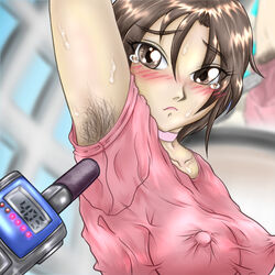 armpit_hair blush brown_hair embarrassed erect_nipples hairy hairy_armpits pink_shirt raised_arm tearing_up tears walkie_talkie wet_clothes いんごろー（旧いなつきほなみ)