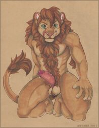 2017 4_toes 5_fingers anthro anyare arm_hair ball_tuft balls biceps biped body_hair border brown_background brown_fur brown_hair brown_mane brown_tail brown_theme claws erection feline front_view full-length_portrait fur glans green_eyes hair hairy hand_on_thigh handpaw happy_trail humanoid_hands humanoid_penis inner_ear_fluff kneeling licking licking_lips lion looking_at_viewer male male_only mammal mane mane_hair marker_(artwork) mixed_media multicolored_fur muscular muscular_male muzzle_scabs nude pawpads paws pecs pen_(artwork) penis pink_nose pink_pawpads pink_penis portrait precum precum_drip red_glans simple_background smile snout solo tail_tuft tan_balls tan_fur tan_tail toe_claws toes tongue tongue_out traditional_media_(artwork) tuft two_tone_fur two_tone_tail whiskers