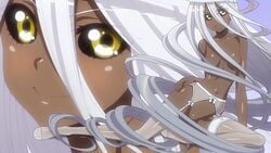 2016 absurdly_long_hair anime_screencap black_sclera blush covered_breasts dark-skinned_female dark_skin doppel_(monster_musume) doppelganger exhibition eyes_visible_through_hair feet female grin legs long_hair monster_girl monster_musume_no_iru_nichijou naked no_bra no_panties no_shoes nude ova pinup screencap screenshot smile solo very_long_hair white_hair yellow_eyes