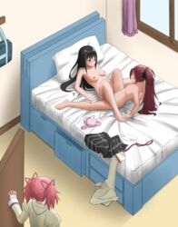 3girls absurdres akemi_homura bed black_hair blush bra breasts caught closed_eyes clothing cucked_by_lesbian cuckquean e50gun female female_only hair_ornament hair_ribbon hairband highres madoka_kaname mahou_shoujo_madoka_magica multiple_girls nipples nude panties pink_bra pink_hair ponytail purple_eyes red_hair ribbon sakura_kyouko sex skirt small_breasts tribadism underwear walked_in_on white_panties window yuri